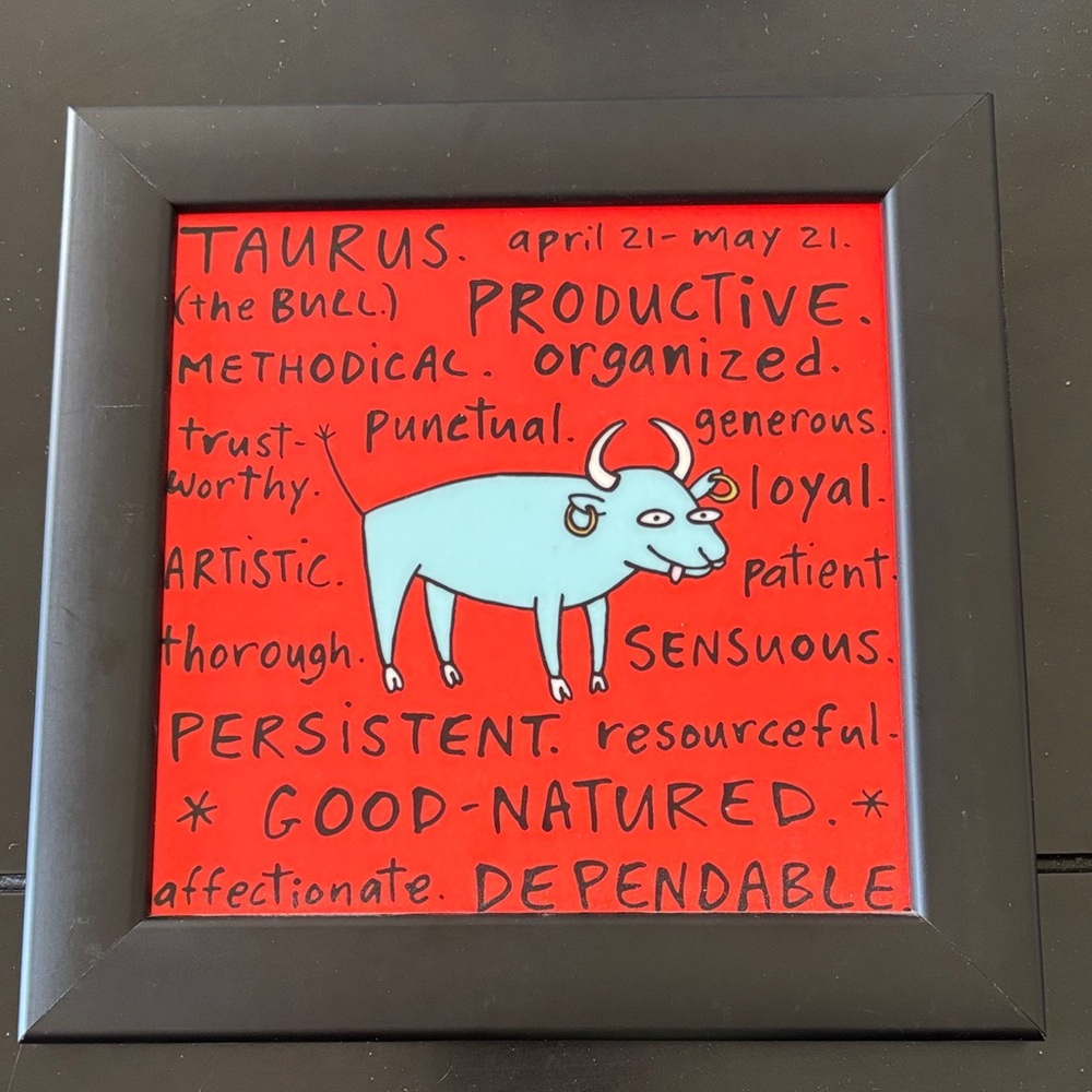 Taurus Zodiac Art Print on Tile - Red Background with Teal Bull
